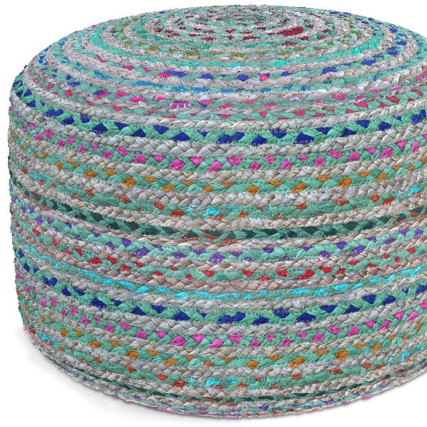 HomeRoots 20" Green Jute Round Pouf Ottoman – Stylish Bohemian Footrest, Extra Seat & Casual Décor Accent 638507