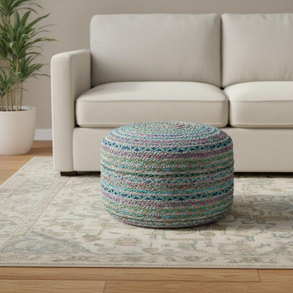 HomeRoots 20" Green Jute Round Pouf Ottoman – Stylish Bohemian Footrest, Extra Seat & Casual Décor Accent 638507
