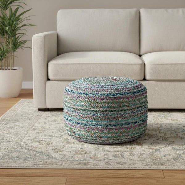 HomeRoots 20" Green Jute Round Pouf Ottoman – Stylish Bohemian Footrest, Extra Seat & Casual Décor Accent 638507