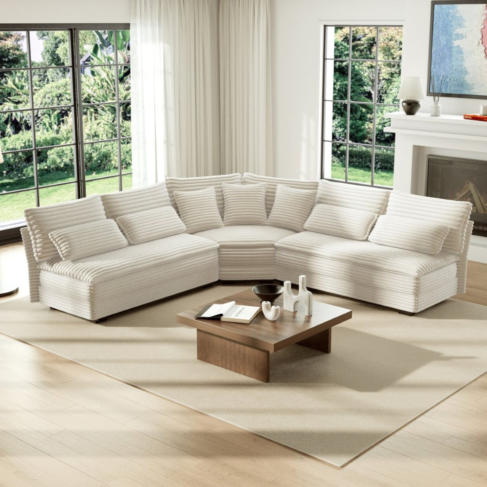 English Elm 5-seater Curved Corner Sectional Sofa Ribbed Corduroy Upholstery with Seven Accent Pillows Beige W2606S00014