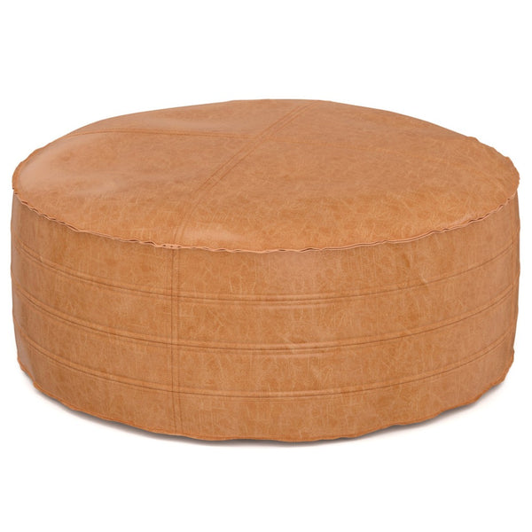 HomeRoots 32" Brown Faux Leather Round Pouf Ottoman - Versatile Bohemian Accent for Footrest, Seating & Decor 638511