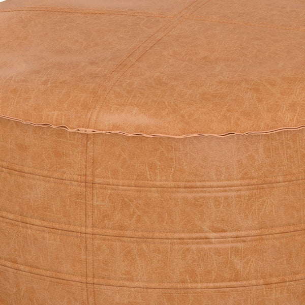 HomeRoots 32" Brown Faux Leather Round Pouf Ottoman - Versatile Bohemian Accent for Footrest, Seating & Decor 638511