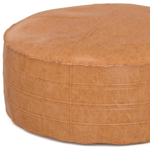 HomeRoots 32" Brown Faux Leather Round Pouf Ottoman - Versatile Bohemian Accent for Footrest, Seating & Decor 638511