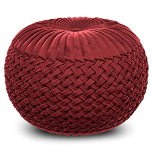 HomeRoots 20" Red Velvet Round Pouf Ottoman - Stylish Accent Seat, Cozy Footrest, Versatile Decor for Any Room 638513