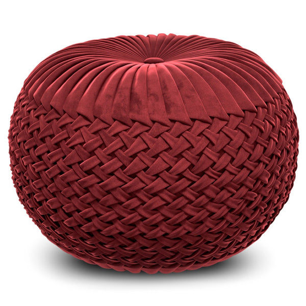 HomeRoots 20" Red Velvet Round Pouf Ottoman - Stylish Accent Seat, Cozy Footrest, Versatile Decor for Any Room 638513