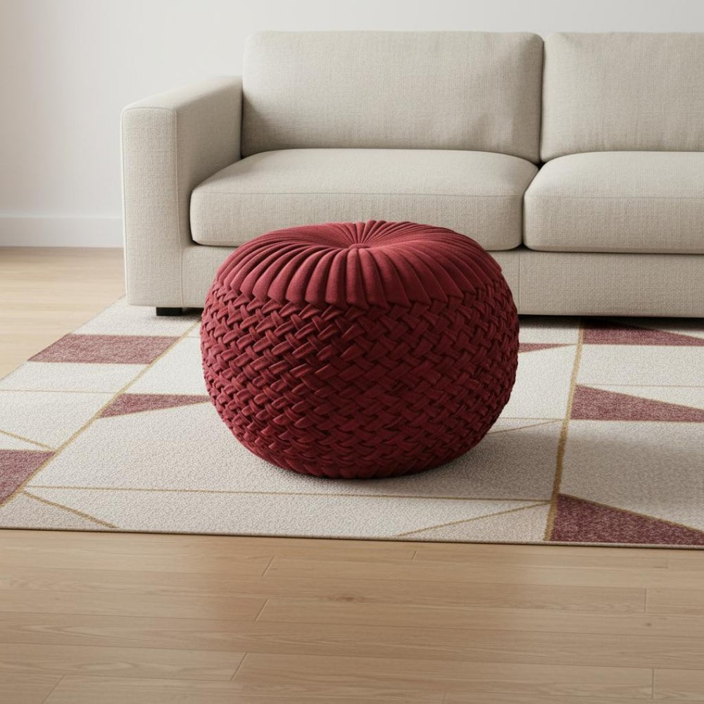 HomeRoots 20" Red Velvet Round Pouf Ottoman - Stylish Accent Seat, Cozy Footrest, Versatile Decor for Any Room 638513
