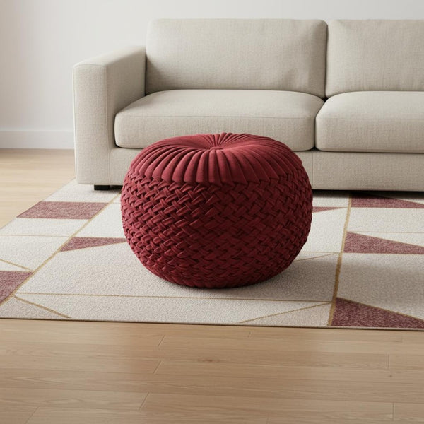HomeRoots 20" Red Velvet Round Pouf Ottoman - Stylish Accent Seat, Cozy Footrest, Versatile Decor for Any Room 638513