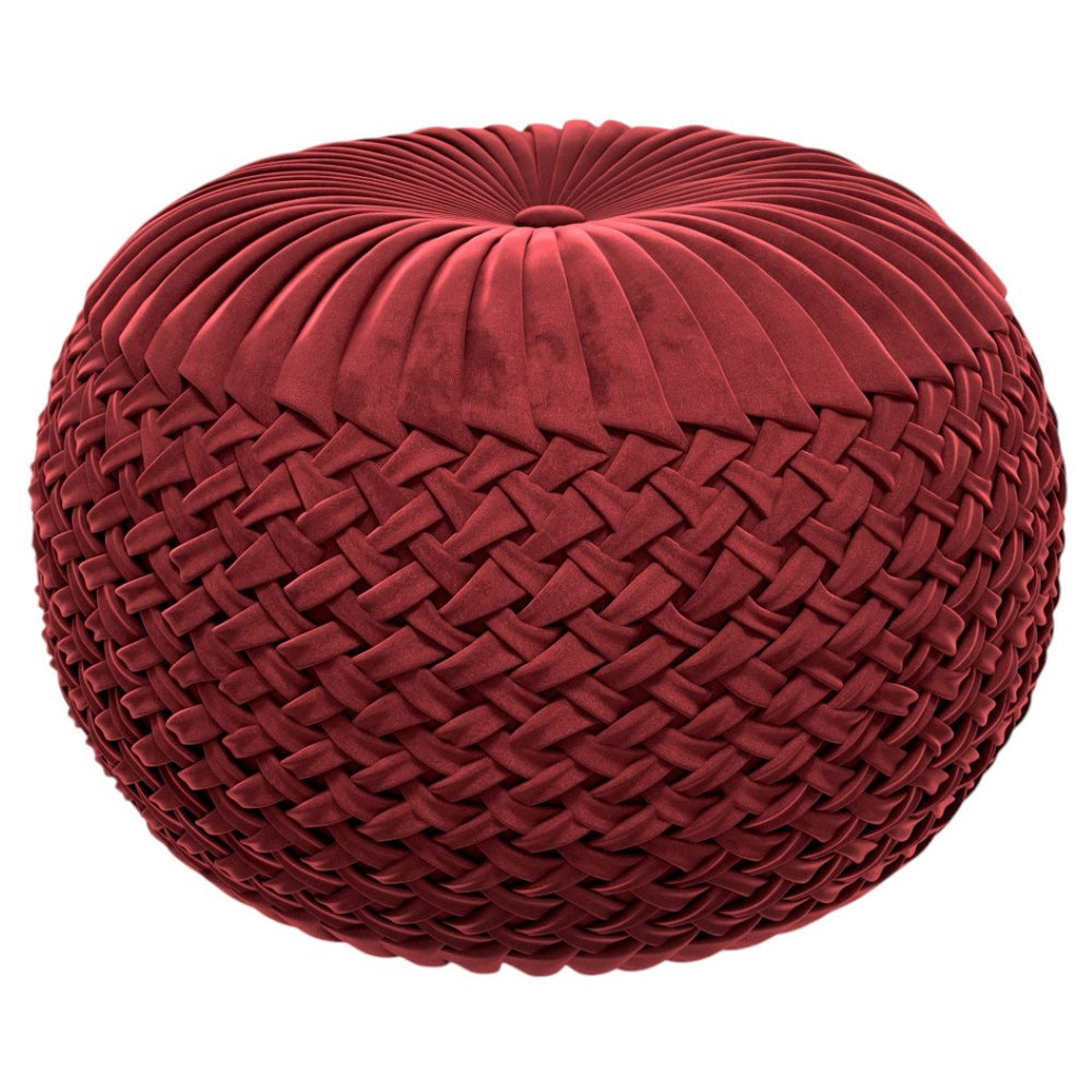 HomeRoots 20" Red Velvet Round Pouf Ottoman - Stylish Accent Seat, Cozy Footrest, Versatile Decor for Any Room 638513