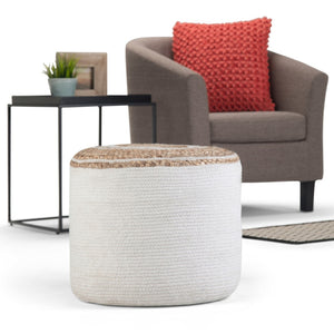 HomeRoots 18" Off White Cotton Round Pouf Ottoman - Stylish, Multi-Functional Footrest & Extra Seating Solution 638514