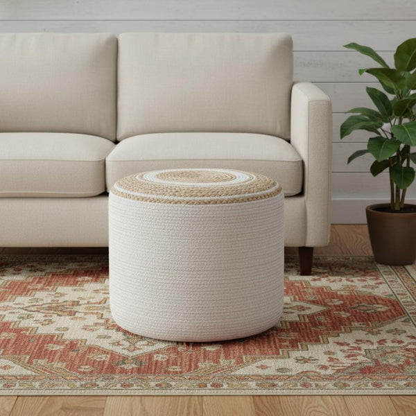 HomeRoots 18" Off White Cotton Round Pouf Ottoman - Stylish, Multi-Functional Footrest & Extra Seating Solution 638514