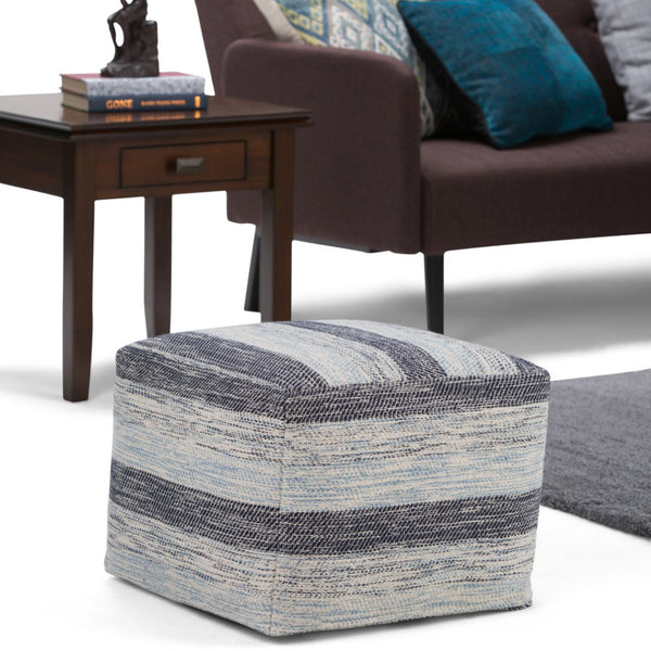 HomeRoots 18" Blue Cotton Pouf Ottoman - Modern Bohemian Accent for Comfort, Versatile Seating & Decor Use 638516