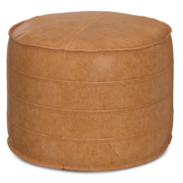 HomeRoots 20" Chic Brown Faux Leather Round Pouf Ottoman - Modern Bohemian Comfort for Any Room Decor Style 638521