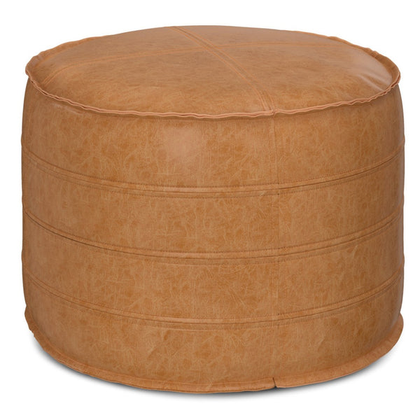 HomeRoots 20" Chic Brown Faux Leather Round Pouf Ottoman - Modern Bohemian Comfort for Any Room Decor Style 638521