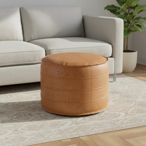 HomeRoots 20" Chic Brown Faux Leather Round Pouf Ottoman - Modern Bohemian Comfort for Any Room Decor Style 638521
