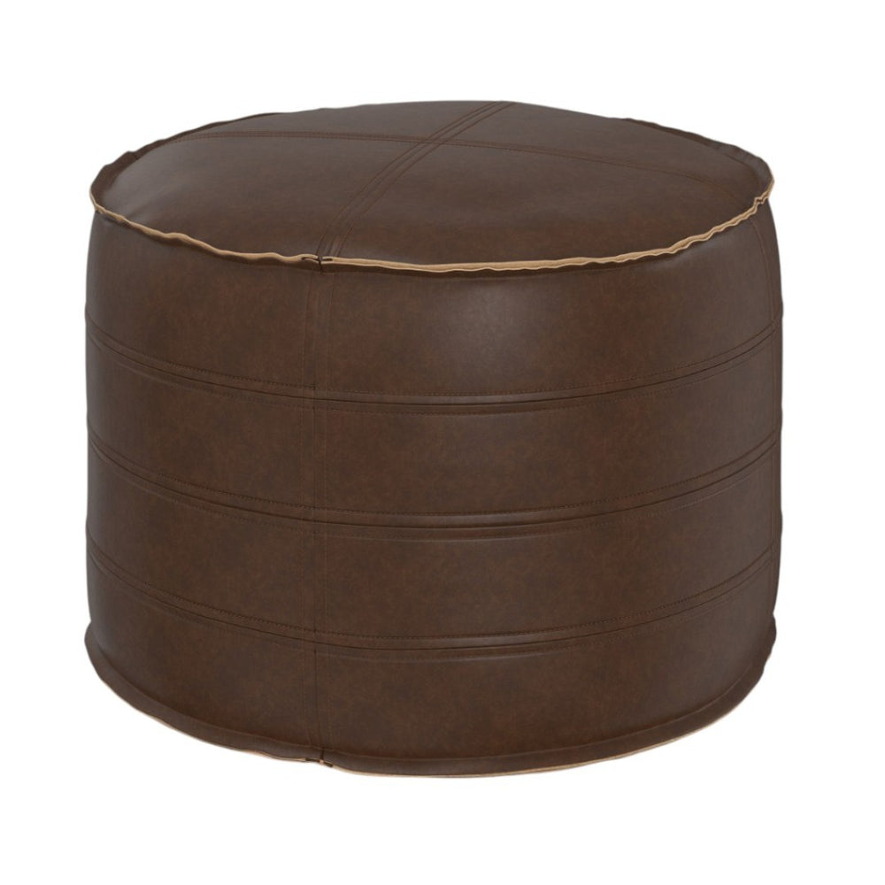 HomeRoots 20" Brown Faux Leather Round Pouf Ottoman - Stylish Versatile Footrest & Extra Seating for Any Room 638522