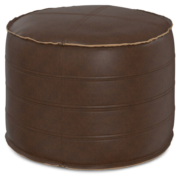 HomeRoots 20" Brown Faux Leather Round Pouf Ottoman - Stylish Versatile Footrest & Extra Seating for Any Room 638522