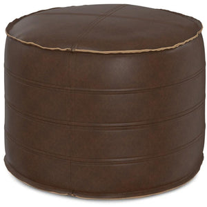 HomeRoots 20" Brown Faux Leather Round Pouf Ottoman - Stylish Versatile Footrest & Extra Seating for Any Room 638522