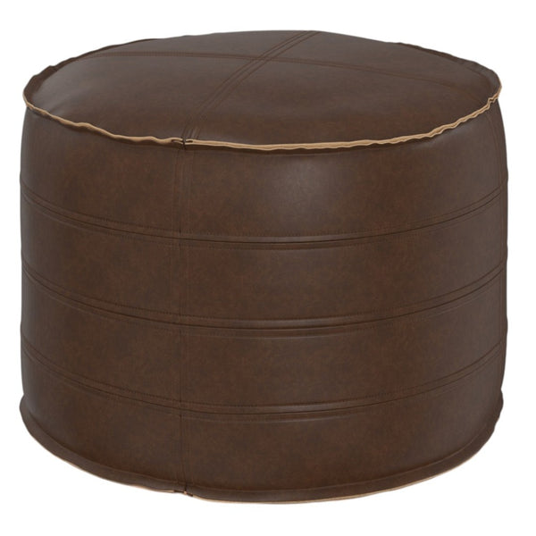 HomeRoots 20" Brown Faux Leather Round Pouf Ottoman - Stylish Versatile Footrest & Extra Seating for Any Room 638522
