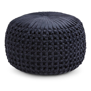HomeRoots 20" Blue Velvet Round Pouf Ottoman - Stylish, Versatile Accent for Footrest, Extra Seating & Decor 638523