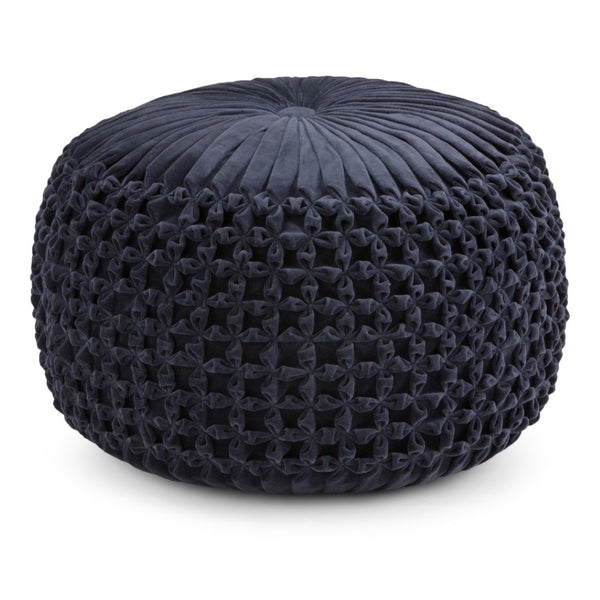 HomeRoots 20" Blue Velvet Round Pouf Ottoman - Stylish, Versatile Accent for Footrest, Extra Seating & Decor 638523