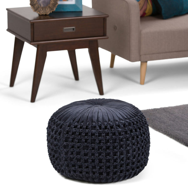 HomeRoots 20" Blue Velvet Round Pouf Ottoman - Stylish, Versatile Accent for Footrest, Extra Seating & Decor 638523