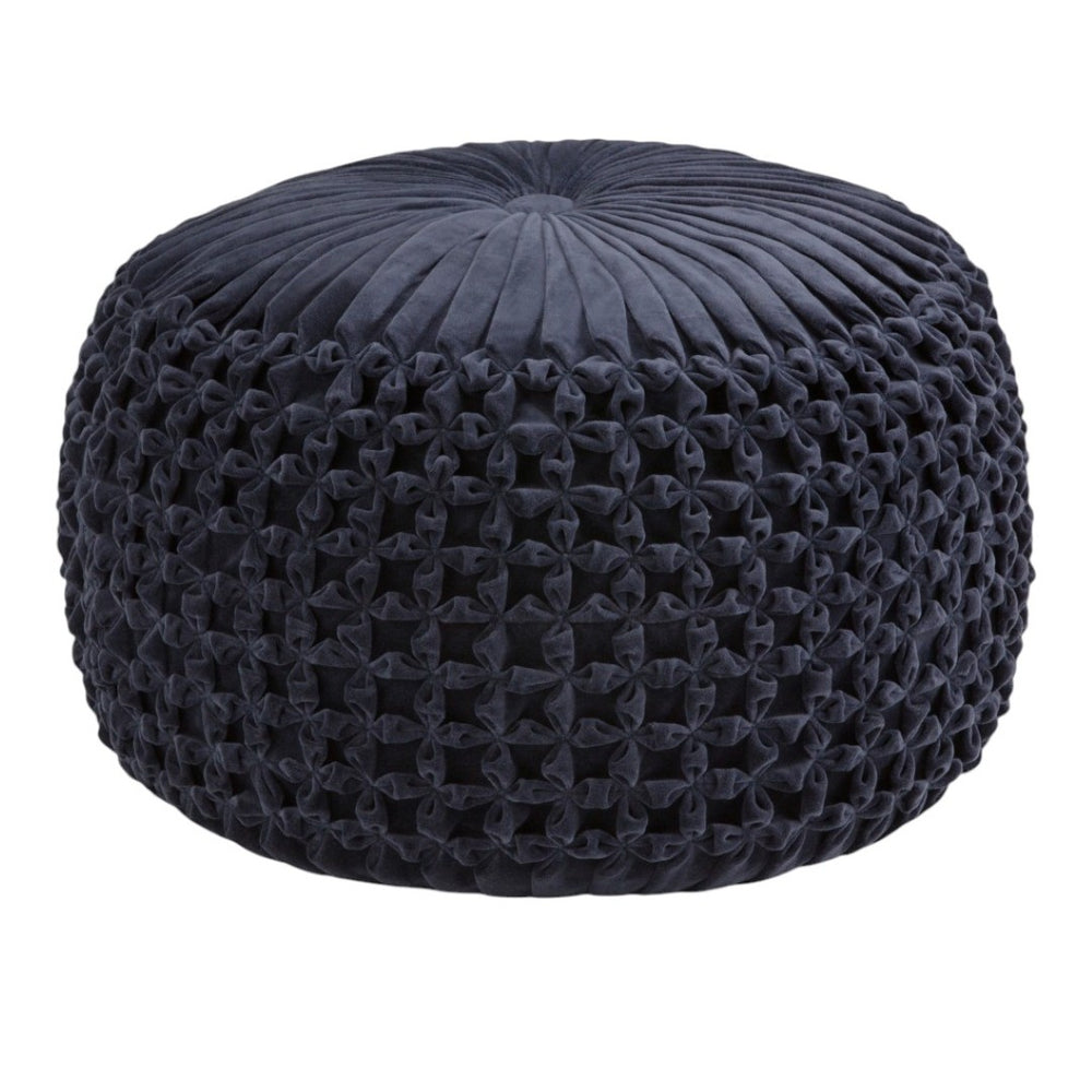 HomeRoots 20" Blue Velvet Round Pouf Ottoman - Stylish, Versatile Accent for Footrest, Extra Seating & Decor 638523