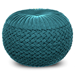 HomeRoots 20" Blue Velvet Round Pouf Ottoman - Stylish Footrest, Extra Seating & Chic Accent for Any Space 638524