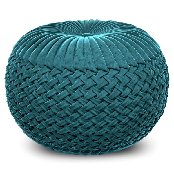 HomeRoots 20" Blue Velvet Round Pouf Ottoman - Stylish Footrest, Extra Seating & Chic Accent for Any Space 638524