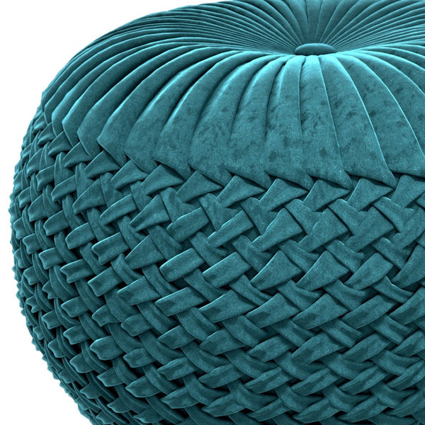 HomeRoots 20" Blue Velvet Round Pouf Ottoman - Stylish Footrest, Extra Seating & Chic Accent for Any Space 638524