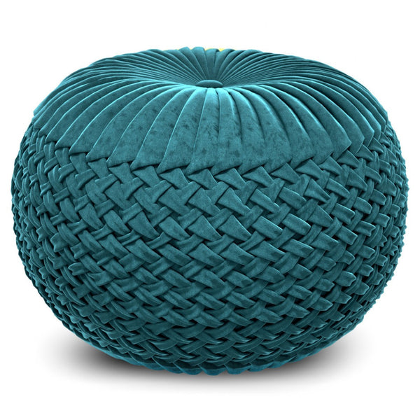 HomeRoots 20" Blue Velvet Round Pouf Ottoman - Stylish Footrest, Extra Seating & Chic Accent for Any Space 638524