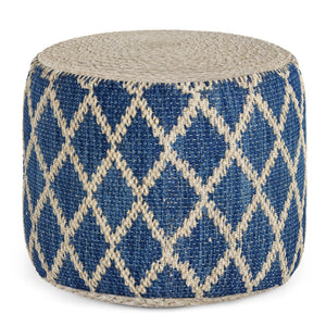 HomeRoots 18" Blue Jute Round Pouf Ottoman - Versatile Footrest, Chic Extra Seat & Casual Table for Any Space 638525