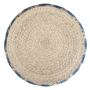 HomeRoots 18" Blue Jute Round Pouf Ottoman - Versatile Footrest, Chic Extra Seat & Casual Table for Any Space 638525