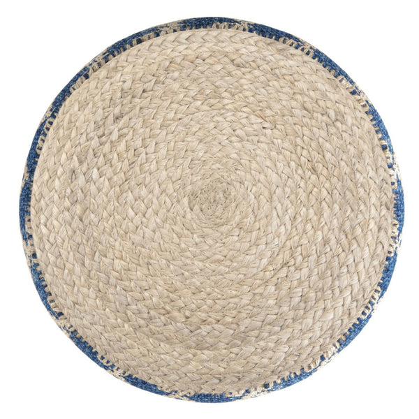 HomeRoots 18" Blue Jute Round Pouf Ottoman - Versatile Footrest, Chic Extra Seat & Casual Table for Any Space 638525