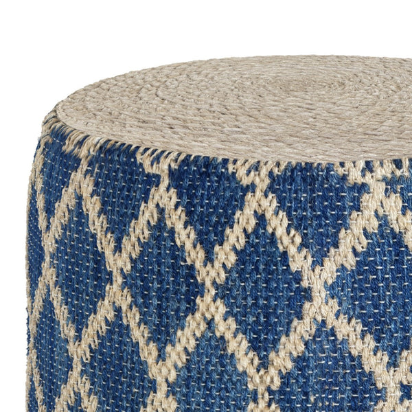 HomeRoots 18" Blue Jute Round Pouf Ottoman - Versatile Footrest, Chic Extra Seat & Casual Table for Any Space 638525
