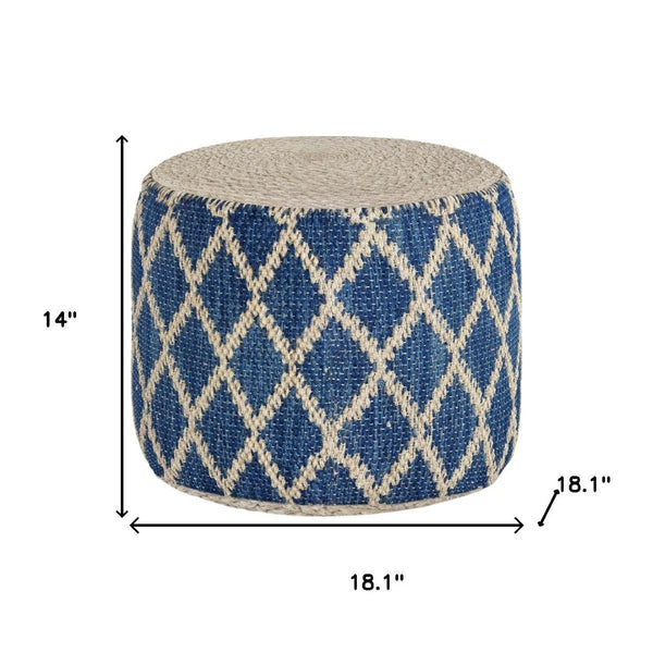 HomeRoots 18" Blue Jute Round Pouf Ottoman - Versatile Footrest, Chic Extra Seat & Casual Table for Any Space 638525