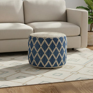 HomeRoots 18" Blue Jute Round Pouf Ottoman - Versatile Footrest, Chic Extra Seat & Casual Table for Any Space 638525