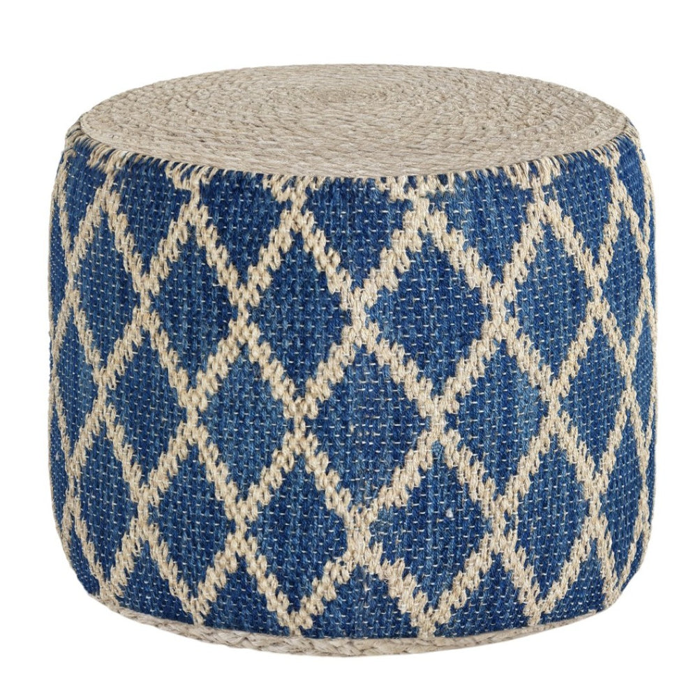 HomeRoots 18" Blue Jute Round Pouf Ottoman - Versatile Footrest, Chic Extra Seat & Casual Table for Any Space 638525