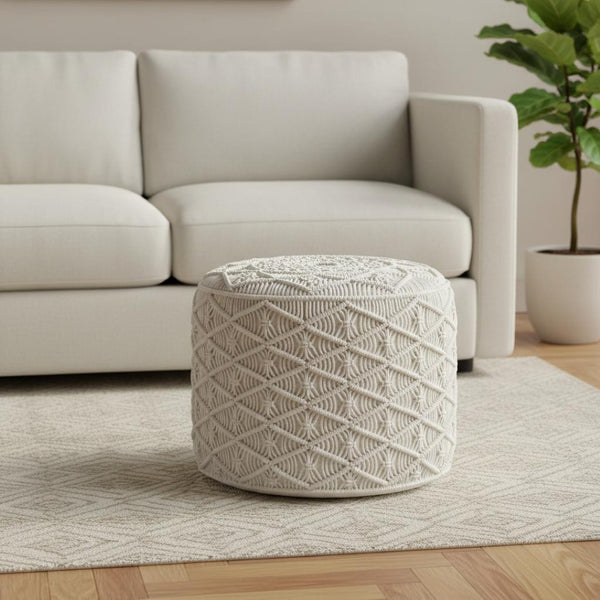HomeRoots 18" Off White Cotton Round Pouf Ottoman - Versatile Accent for Modern & Bohemian Decor, Comfortable & Stylish 638526