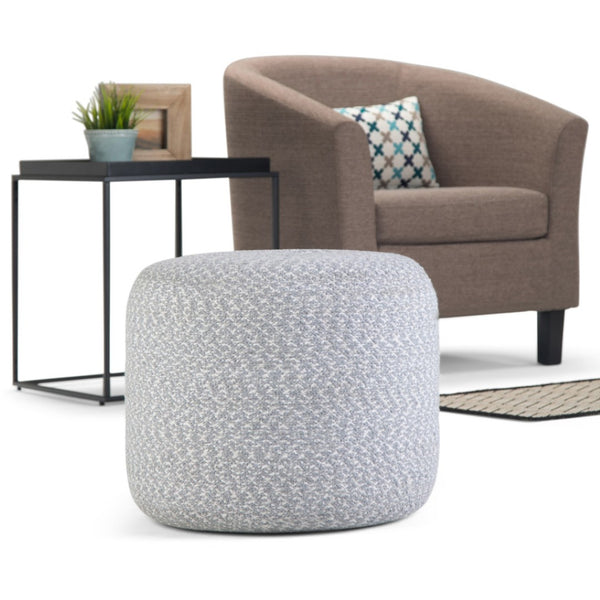 HomeRoots 20" Blue Cotton Round Pouf Ottoman - Versatile, Soft, and Stylish Seating for Any Room Decor 638529