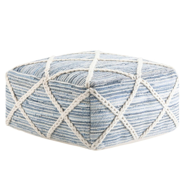 HomeRoots 20" Blue Wool Pouf Ottoman - Chic Modern-Bohemian Design for Versatile Seating, Footrest & Decor 638530