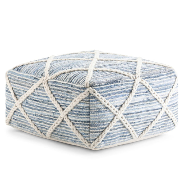 HomeRoots 20" Blue Wool Pouf Ottoman - Chic Modern-Bohemian Design for Versatile Seating, Footrest & Decor 638530