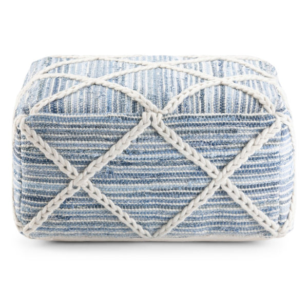 HomeRoots 20" Blue Wool Pouf Ottoman - Chic Modern-Bohemian Design for Versatile Seating, Footrest & Decor 638530