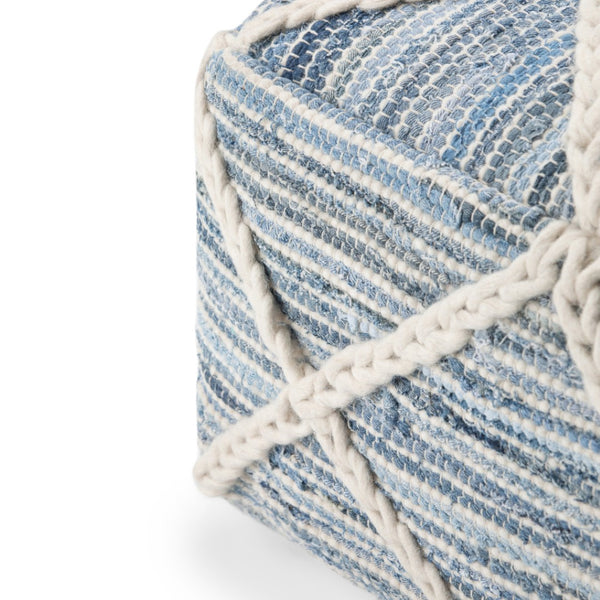 HomeRoots 20" Blue Wool Pouf Ottoman - Chic Modern-Bohemian Design for Versatile Seating, Footrest & Decor 638530