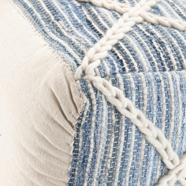 HomeRoots 20" Blue Wool Pouf Ottoman - Chic Modern-Bohemian Design for Versatile Seating, Footrest & Decor 638530