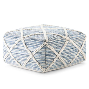 HomeRoots 20" Blue Wool Pouf Ottoman - Chic Modern-Bohemian Design for Versatile Seating, Footrest & Decor 638530
