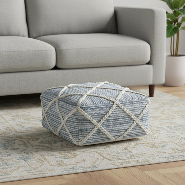 HomeRoots 20" Blue Wool Pouf Ottoman - Chic Modern-Bohemian Design for Versatile Seating, Footrest & Decor 638530