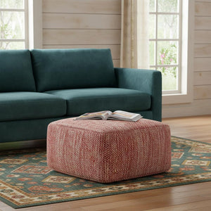 HomeRoots 20" Red Cotton Pouf Ottoman - Versatile Footrest & Extra Seating with Bohemian Flair for Your Space 638531