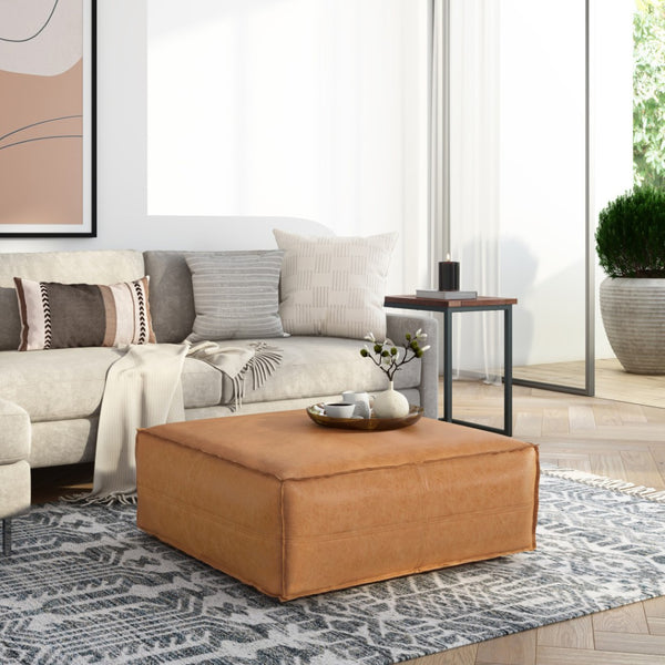 HomeRoots 36" Brown Faux Leather Pouf Ottoman - Versatile Multi-Purpose Accent Piece for Modern Decor & Comfort 638532