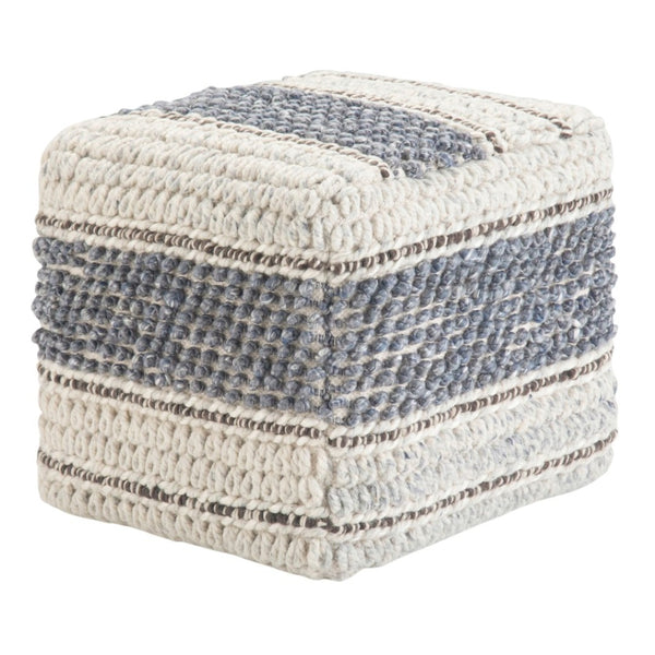 HomeRoots 18" Chic Blue Wool Pouf Ottoman - Versatile Footrest, Extra Seating, or Accent Table for Any Room 638533