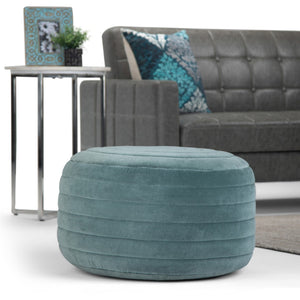 HomeRoots 20" Blue Velvet Round Pouf Ottoman - Stylish, Versatile Footrest & Extra Seat for Any Room Decor 638535